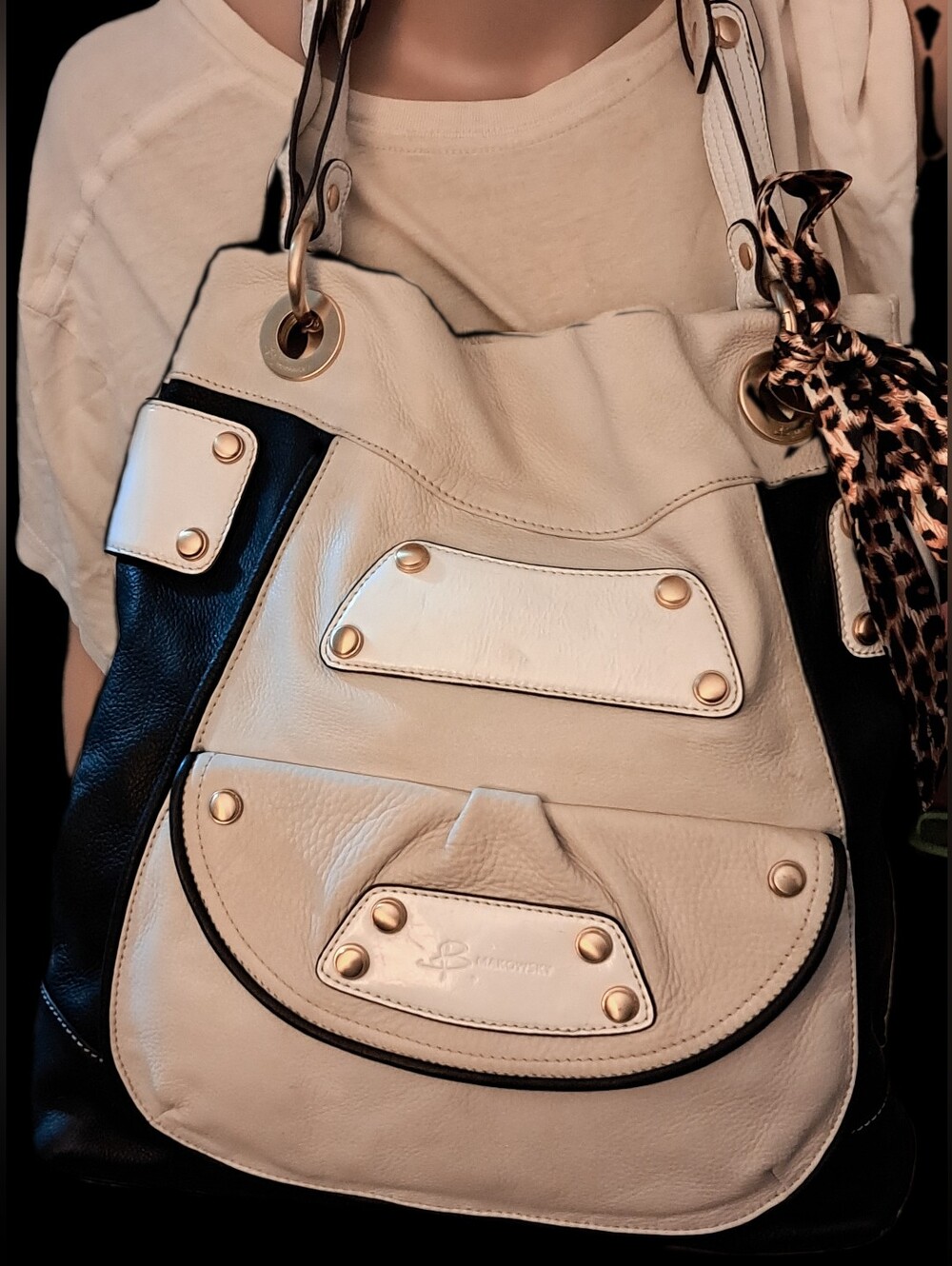b. makowsky NWT Cream, White and Black Leather Shoulder Bag with Gold Hardware